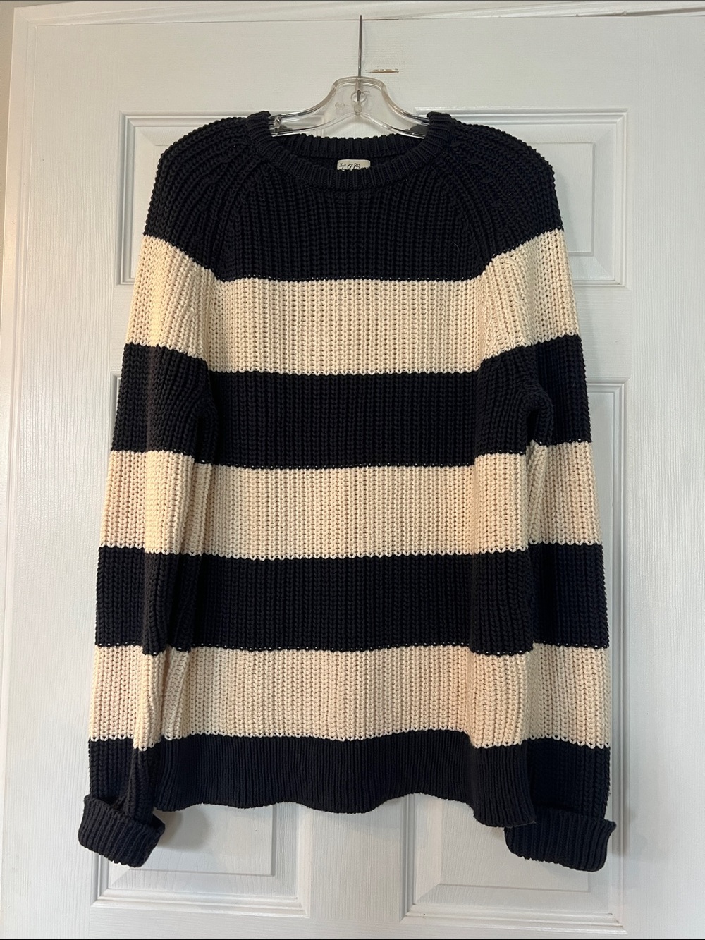 J. Crew Navy and Cream Striped Ribbed Crewneck Sweater